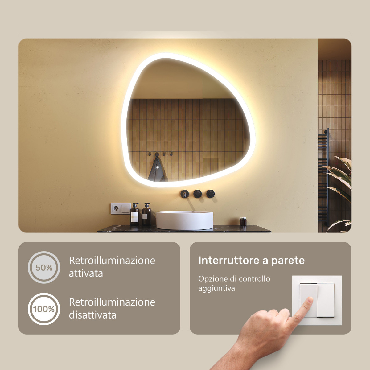 Specchio da bagno con illuminazione, 94x94 cm, bicolore, interruttore tattile