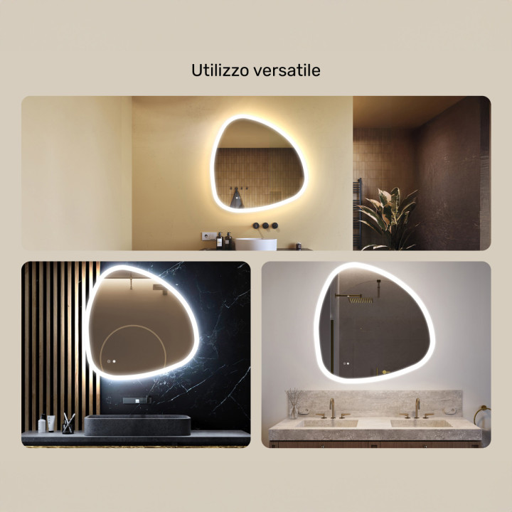 Specchio irregolare con illuminazione, 94x94 cm, bicolore, interruttore tattile, tappetino riscaldante