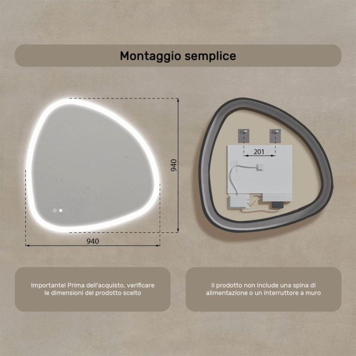 Specchio irregolare con illuminazione, 94x94 cm, bicolore, interruttore tattile, tappetino riscaldante