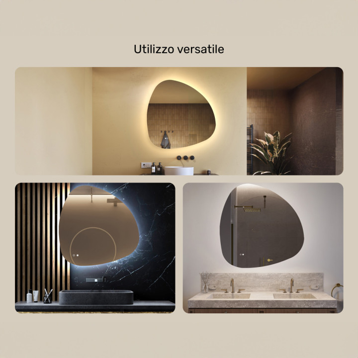 Specchio irregolare con illuminazione, 94x94 cm, bicolore, interruttore tattile, tappetino riscaldante