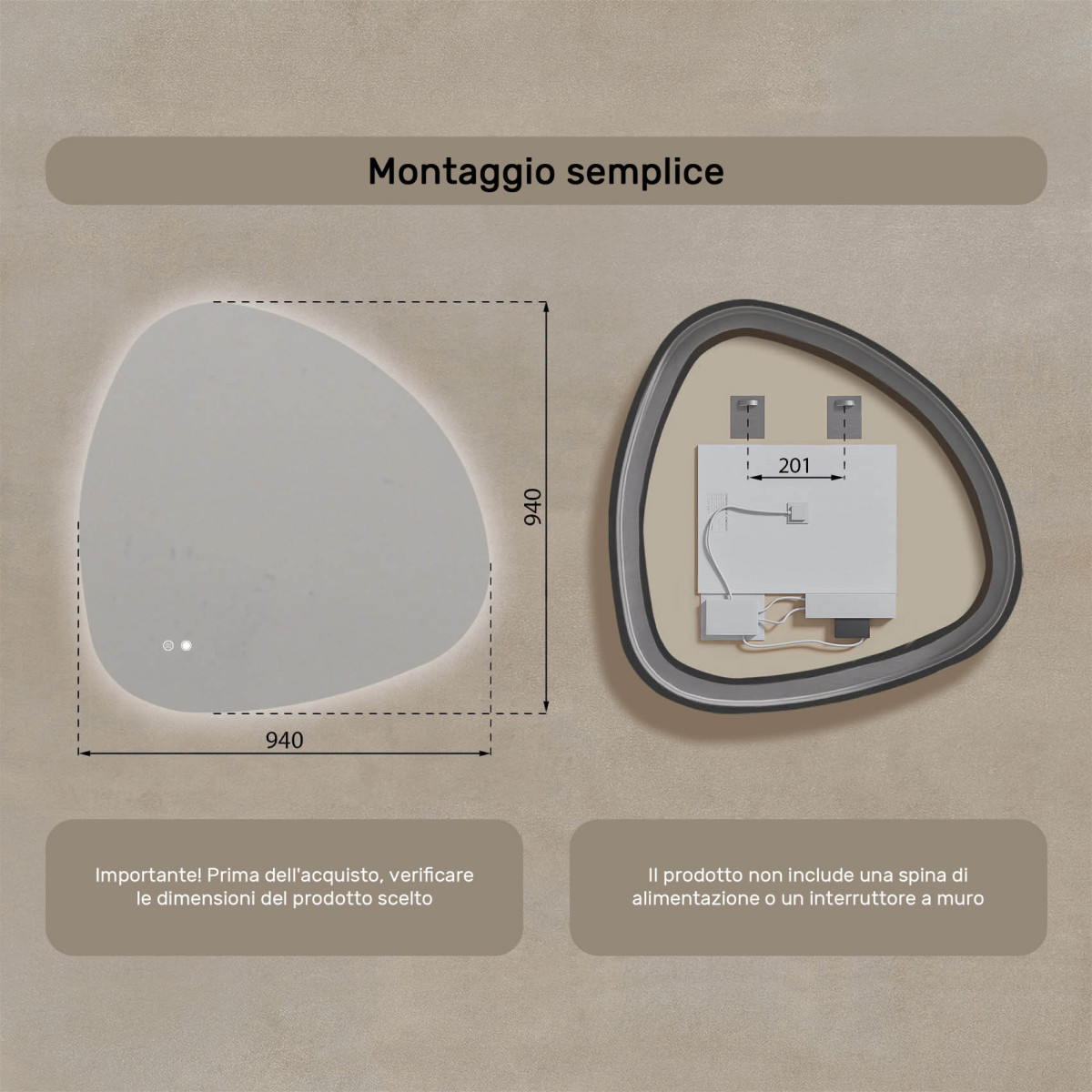Specchio irregolare con illuminazione, 94x94 cm, bicolore, interruttore tattile, tappetino riscaldante