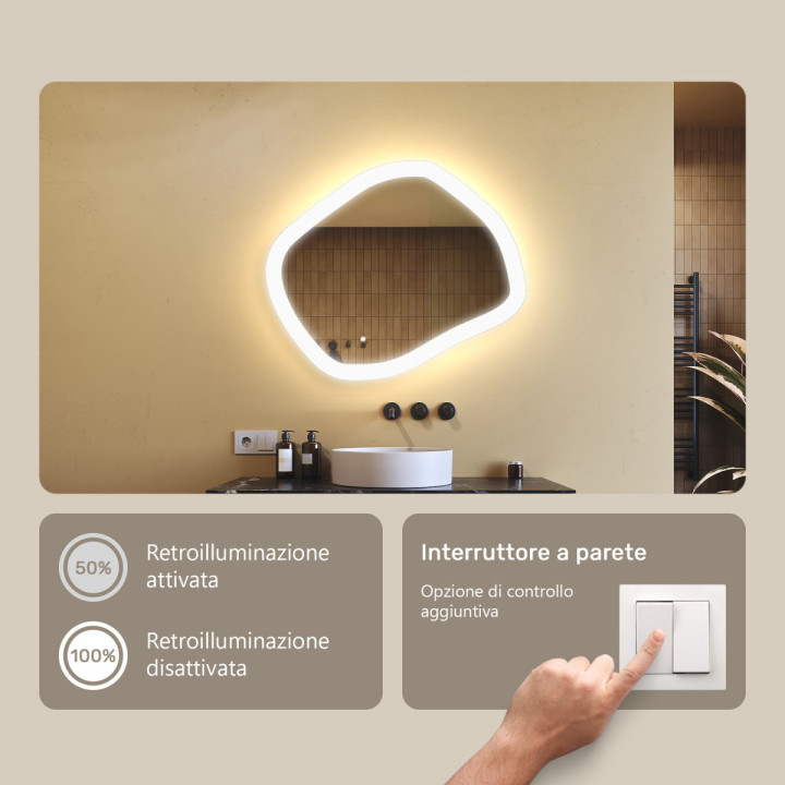 Specchio da bagno con illuminazione, 64x54 cm, bicolore, interruttore tattile