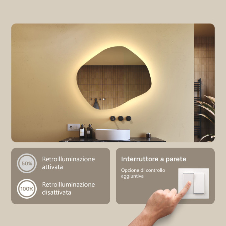Specchio da bagno con illuminazione, 64x54 cm, bicolore, interruttore tattile