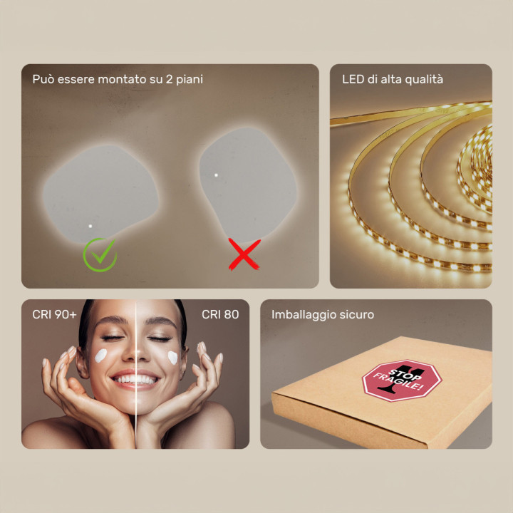 Specchio da bagno con illuminazione, 64x54 cm, bicolore, interruttore tattile