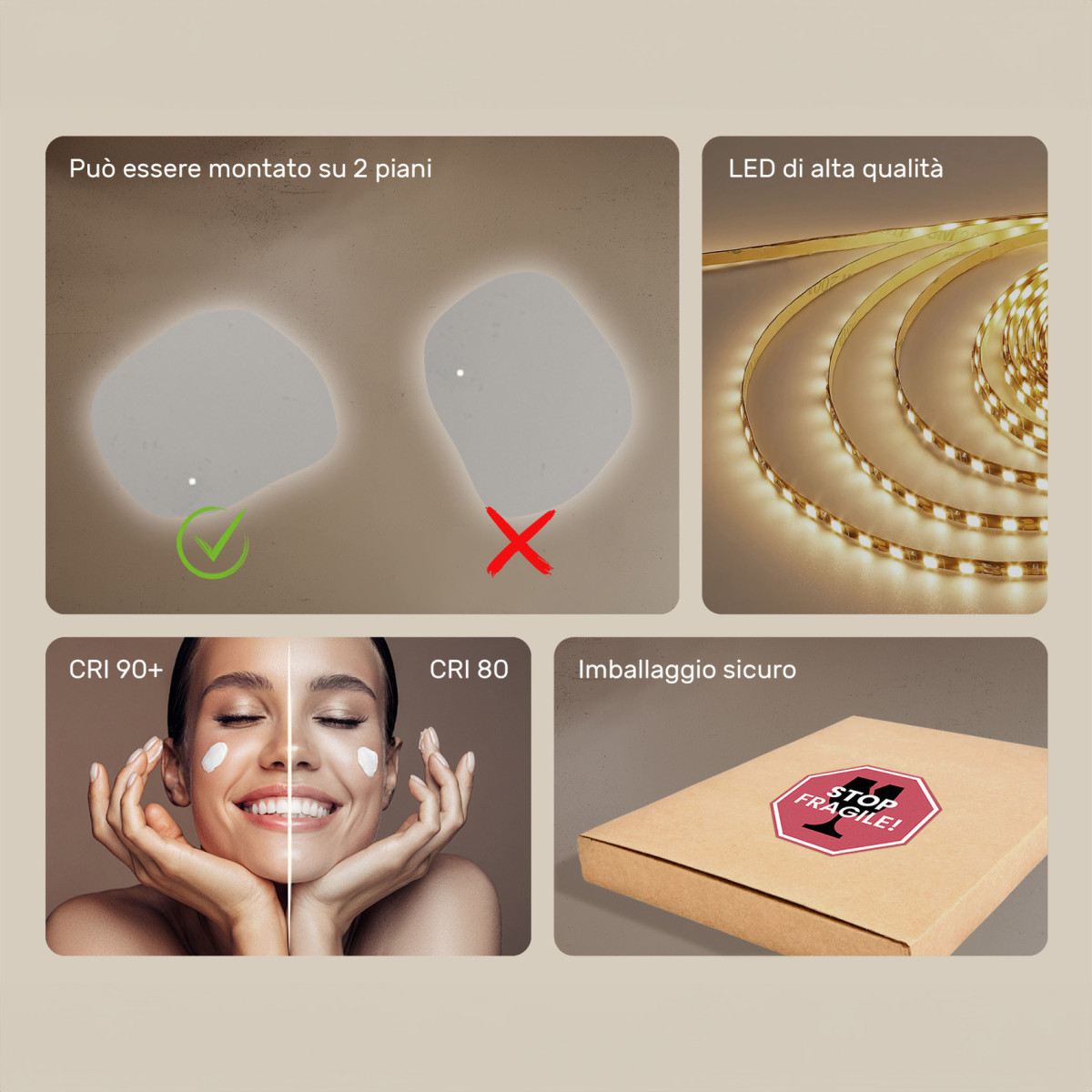 Specchio da bagno con illuminazione, 64x54 cm, bicolore, interruttore tattile