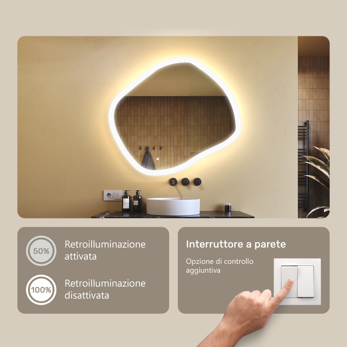 Specchio irregolare con illuminazione, 94x84 cm, bicolore, interruttore tattile