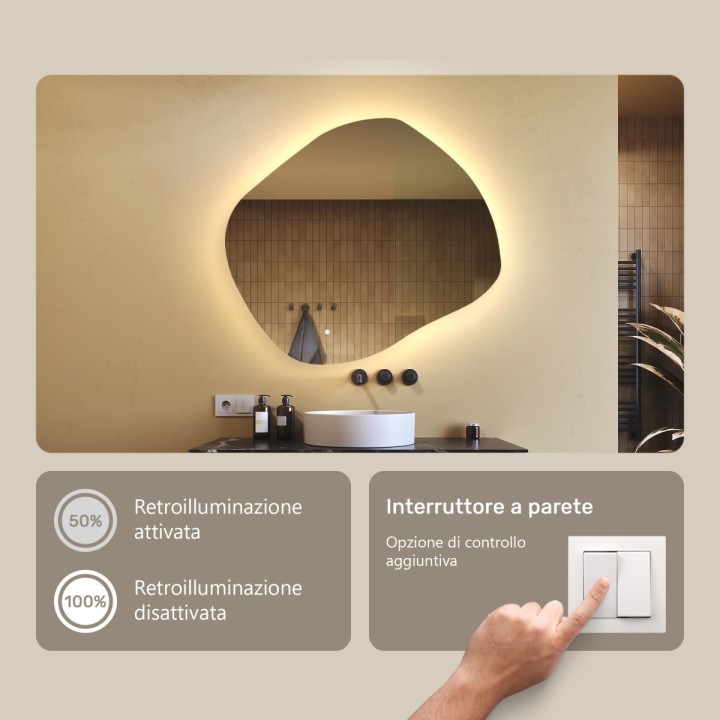 Specchio irregolare con illuminazione, 94x84 cm, bicolore, interruttore tattile