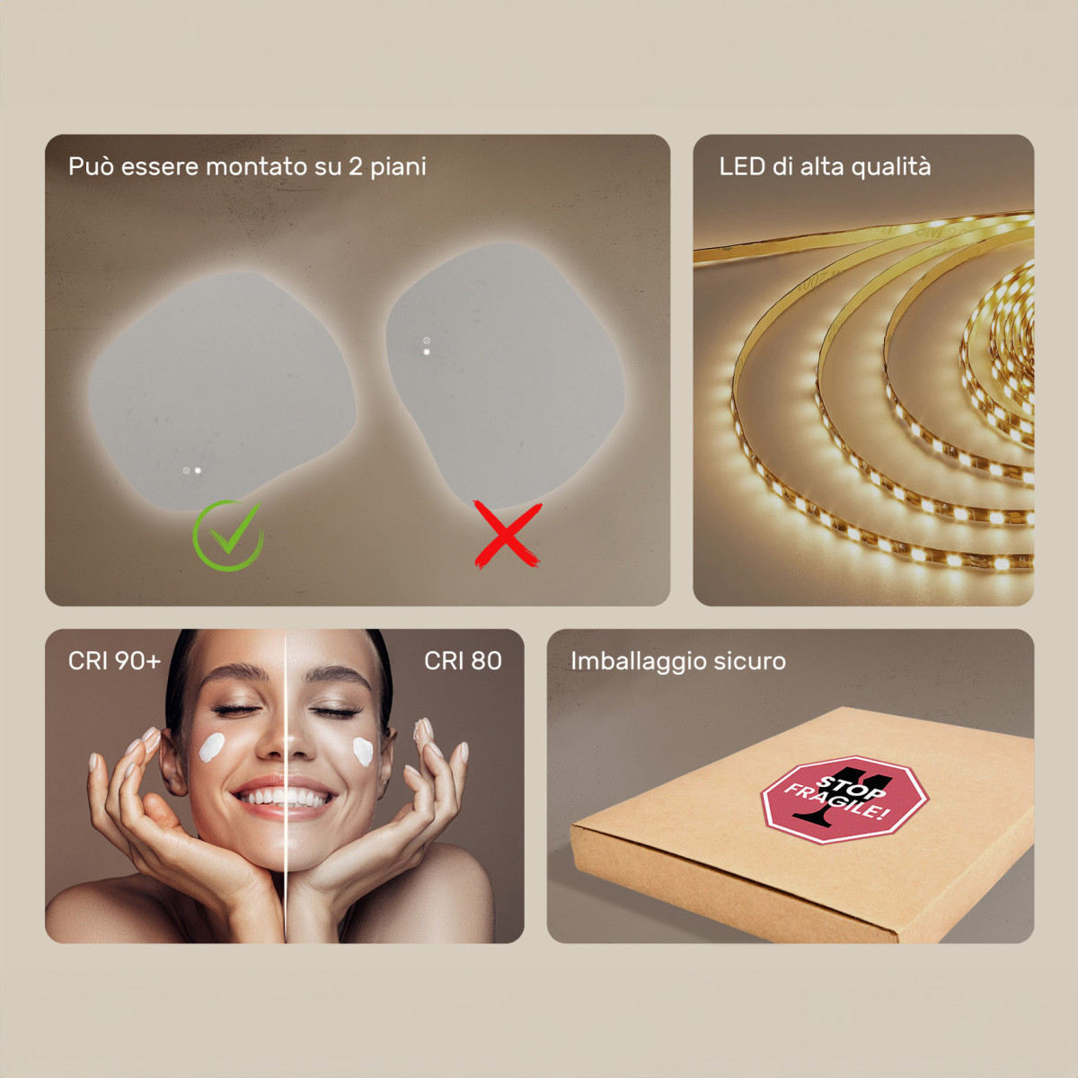 Specchio da bagno con illuminazione, 94x84 cm, bicolore, interruttore tattile, tappetino riscaldante