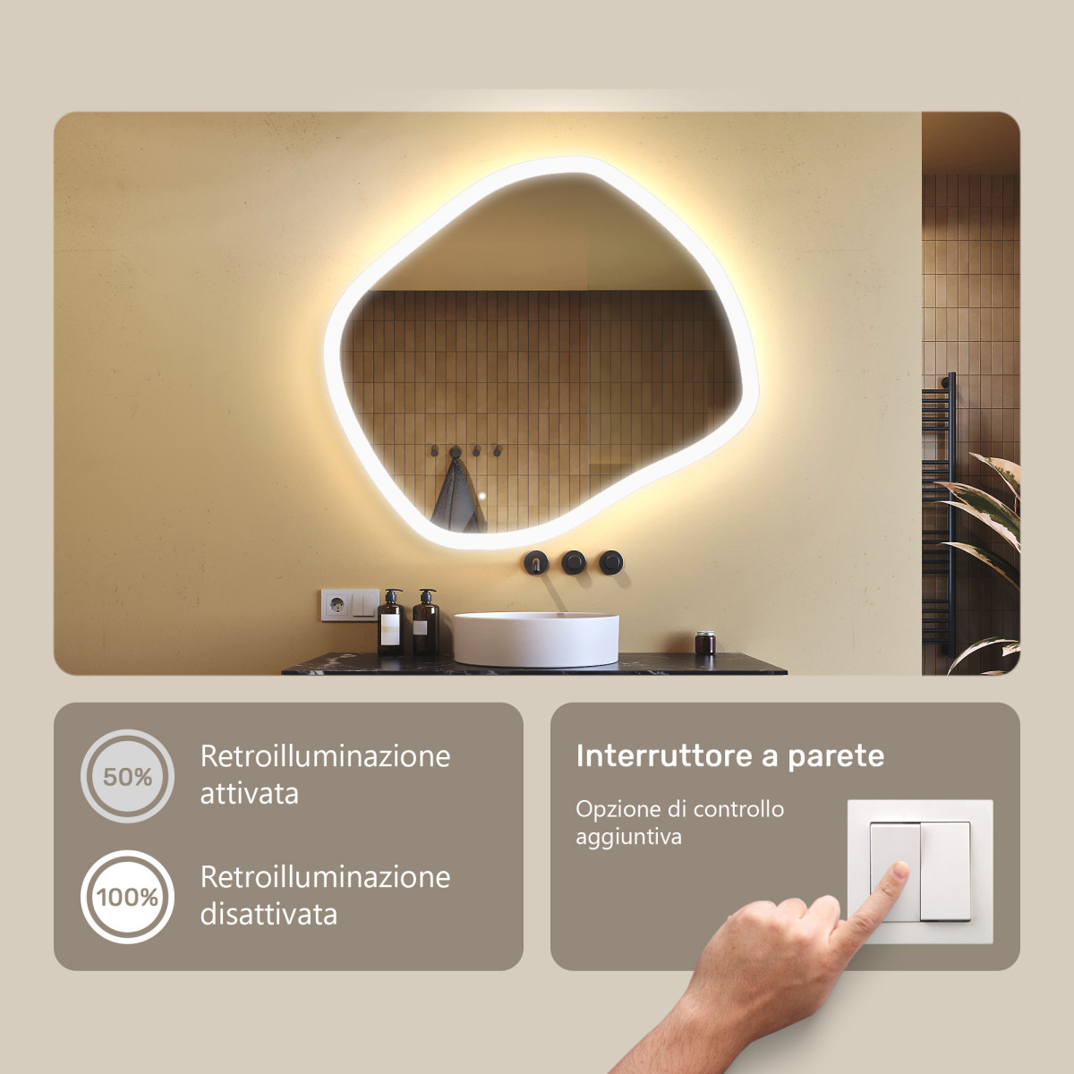 Specchio da bagno con illuminazione, 104x94 cm, bicolore, interruttore tattile