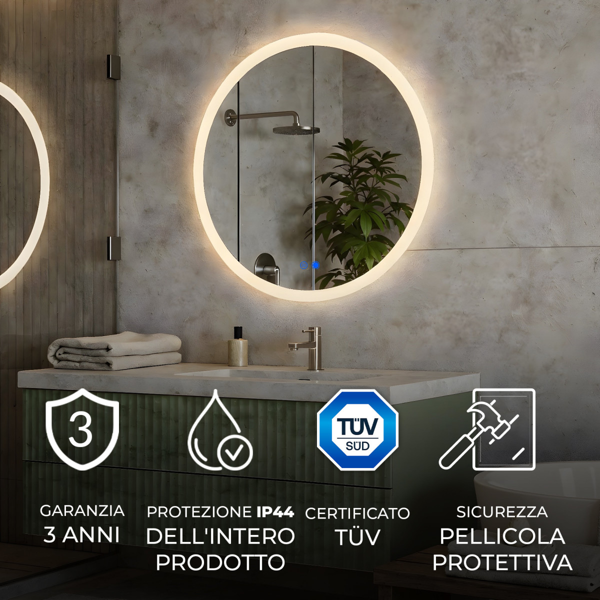 Specchio da bagno rettangolare con illuminazione a LED 80 cm con doppia tonalità, interruttore touch, tappeto riscaldante
