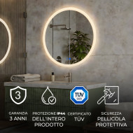 Specchio da bagno rettangolare con illuminazione a LED 80 cm con doppia tonalità, interruttore touch, tappeto riscaldante