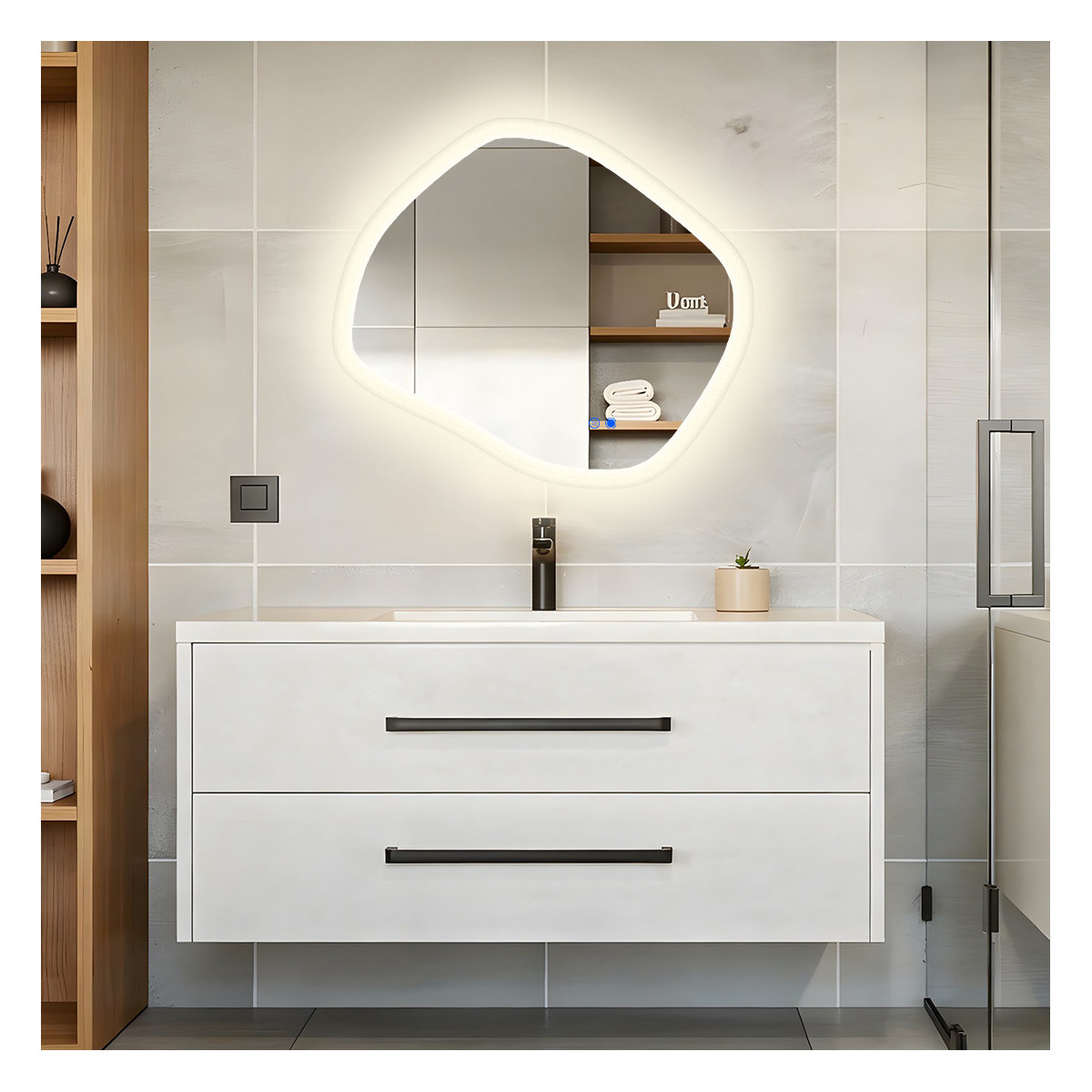 Specchio da bagno con illuminazione, 84x74 cm, bicolore, interruttore a sfioramento, tappetino riscaldante