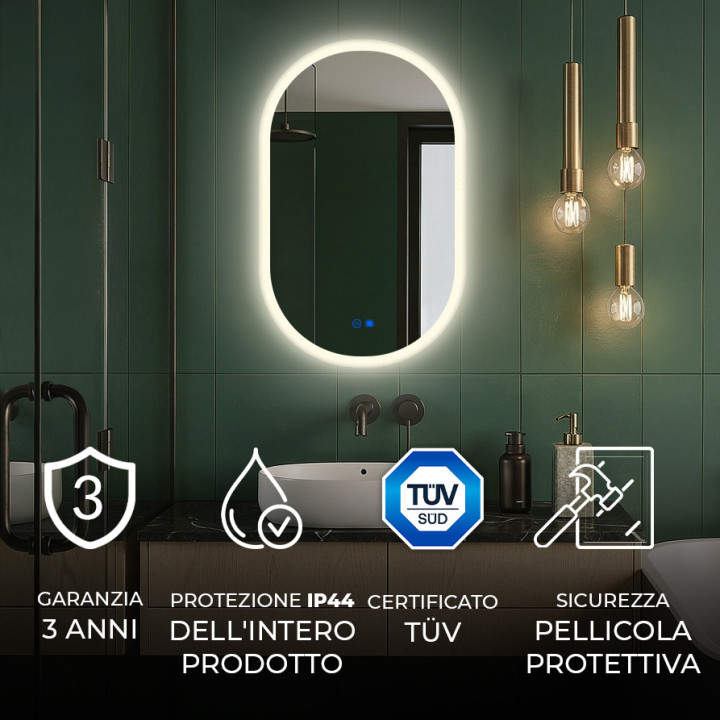 Specchio da bagno illuminato, 80x50 cm, bicolore, interruttore sensibile, copertura riscaldante