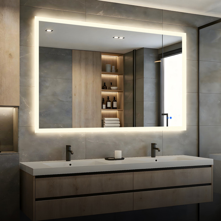 Specchio da bagno rettangolare con illuminazione 120x70 cm con doppia tonalità, interruttore touch, tappetino riscaldante