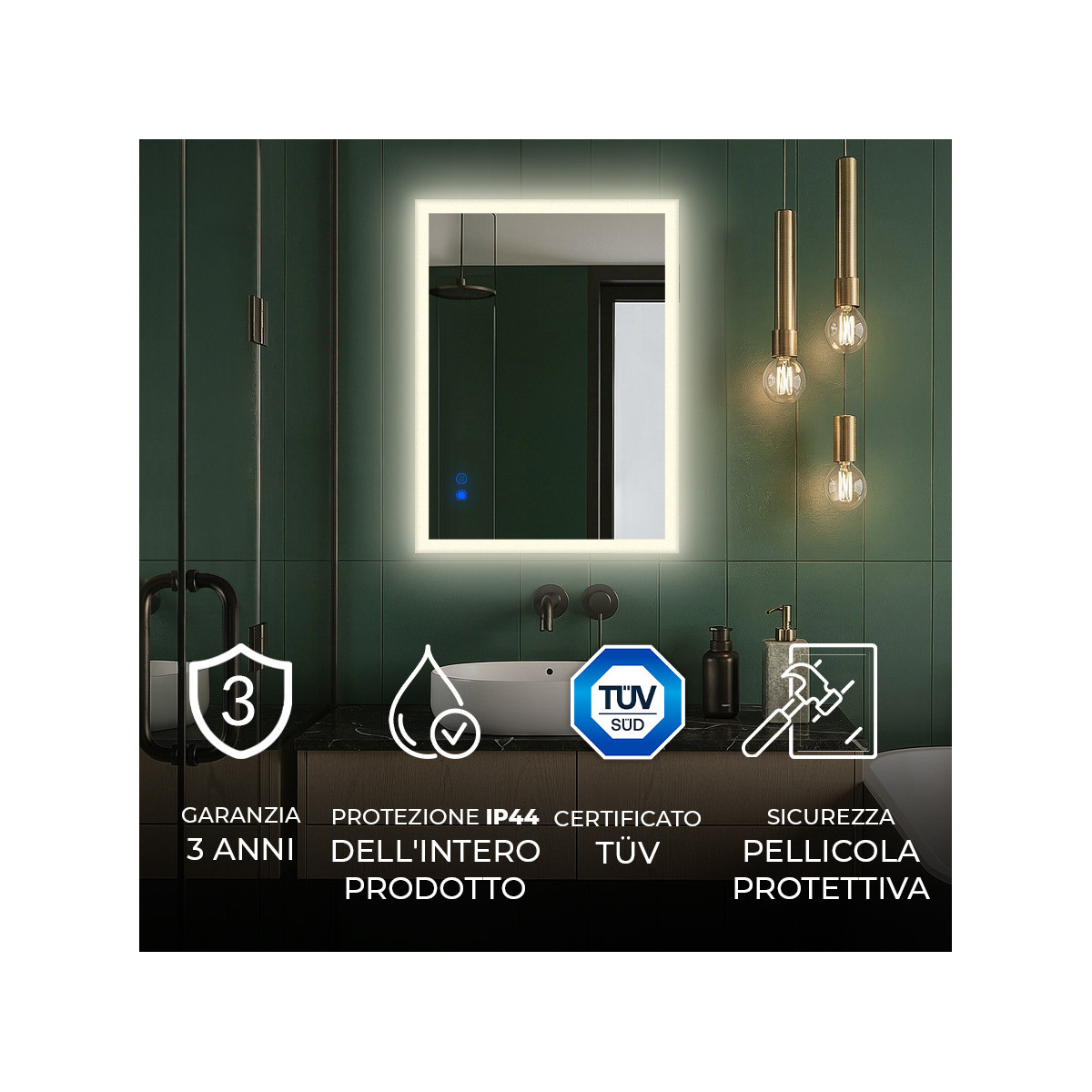 Specchio da bagno con illuminazione a LED 80x60 cm con doppia tonalità, interruttore touch, tappeto riscaldante