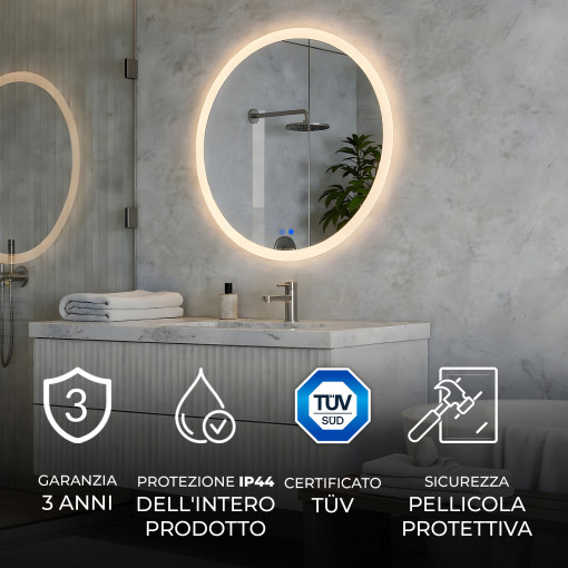 Specchio rotondo da bagno con illuminazione LED da 60 cm, Dual Color, interruttore touch e tappetino riscaldante