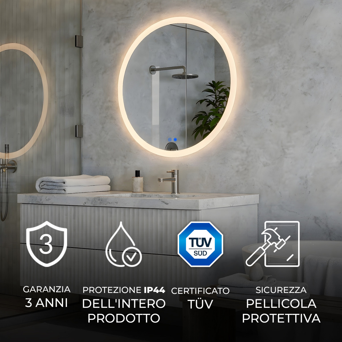 Specchio rotondo da bagno con illuminazione LED da 60 cm, Dual Color, interruttore touch e tappetino riscaldante