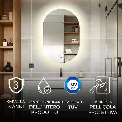 Specchio da bagno illuminato, 100x70 cm, bicolore, interruttore sensibile, copertura riscaldante