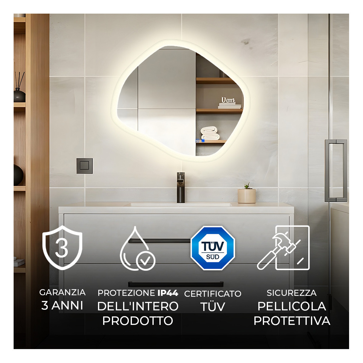 Specchio da bagno con illuminazione, 84x74 cm, bicolore, interruttore a sfioramento, tappetino riscaldante