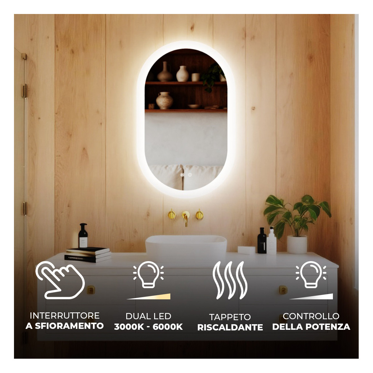 Specchio da bagno illuminato, 80x50 cm, bicolore, interruttore sensibile, copertura riscaldante