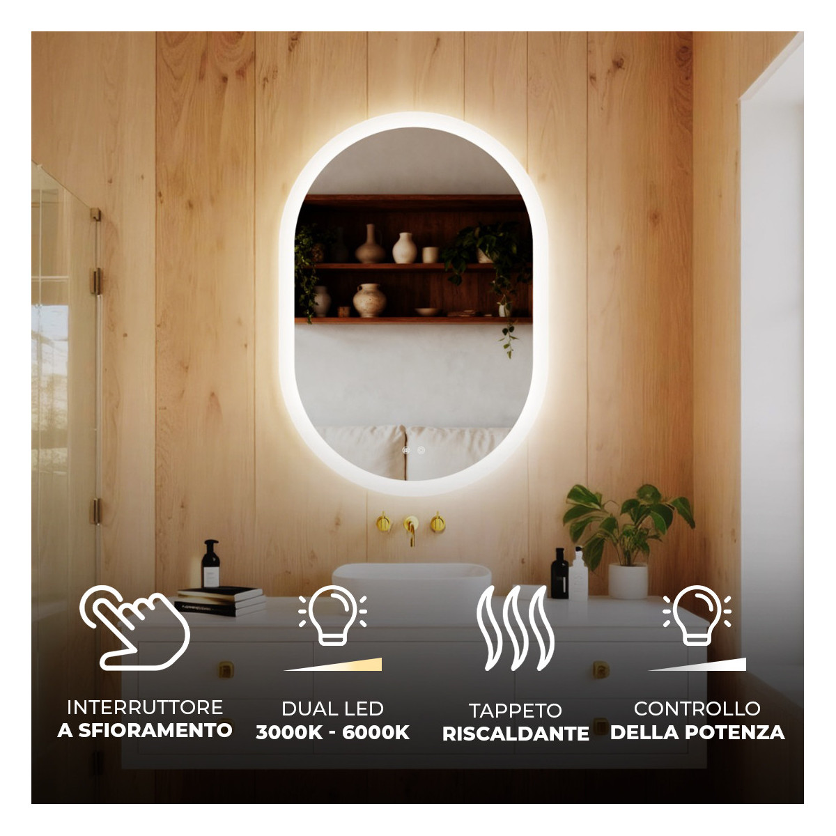 Specchio da bagno illuminato, 100x70 cm, bicolore, interruttore sensibile, copertura riscaldante