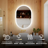 Specchio da bagno illuminato, 100x70 cm, bicolore, interruttore sensibile, copertura riscaldante