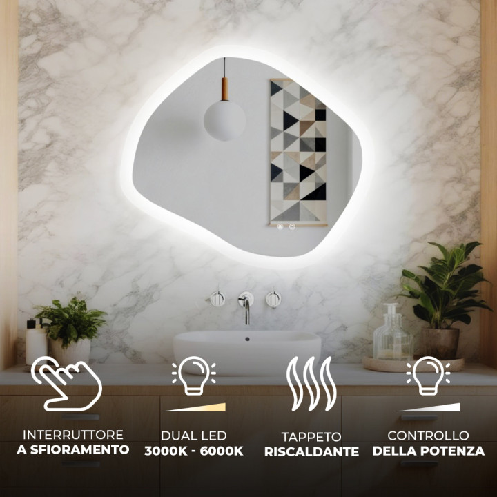 Specchio da bagno con illuminazione, 84x74 cm, bicolore, interruttore a sfioramento, tappetino riscaldante