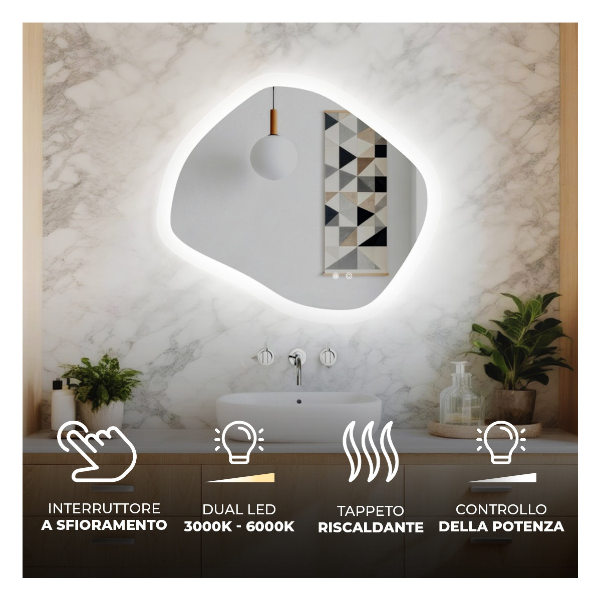 Specchio da bagno con illuminazione, 84x74 cm, bicolore, interruttore a sfioramento, tappetino riscaldante