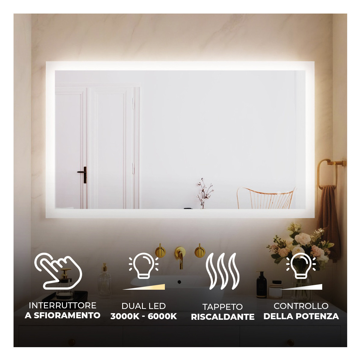 Specchio da bagno rettangolare con illuminazione 120x70 cm con doppia tonalità, interruttore touch, tappetino riscaldante