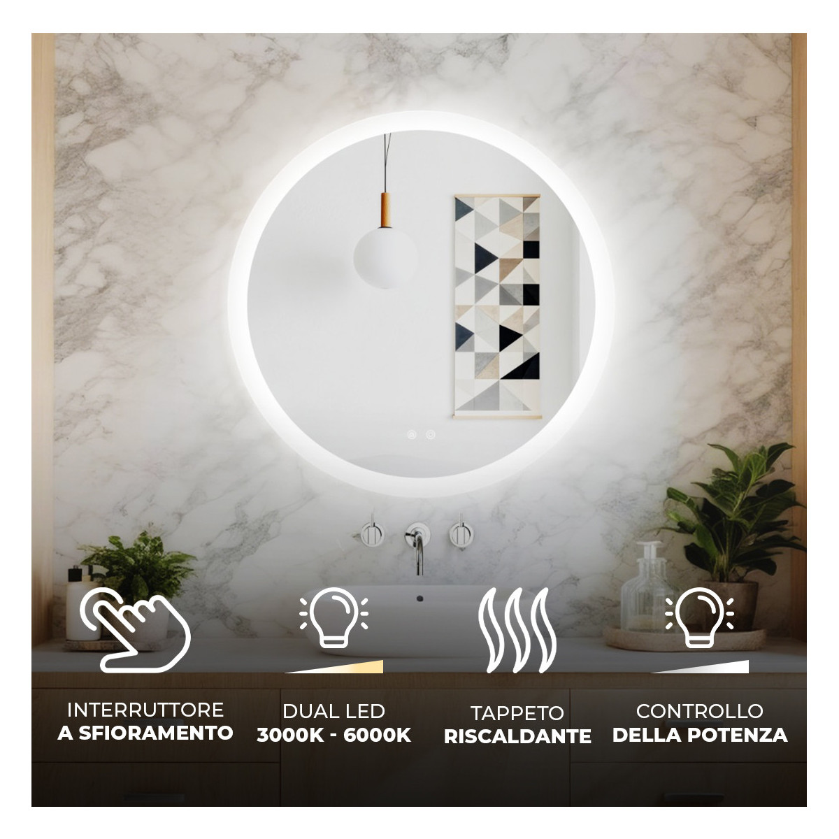 Specchio da bagno rettangolare con illuminazione a LED 80 cm con doppia tonalità, interruttore touch, tappeto riscaldante