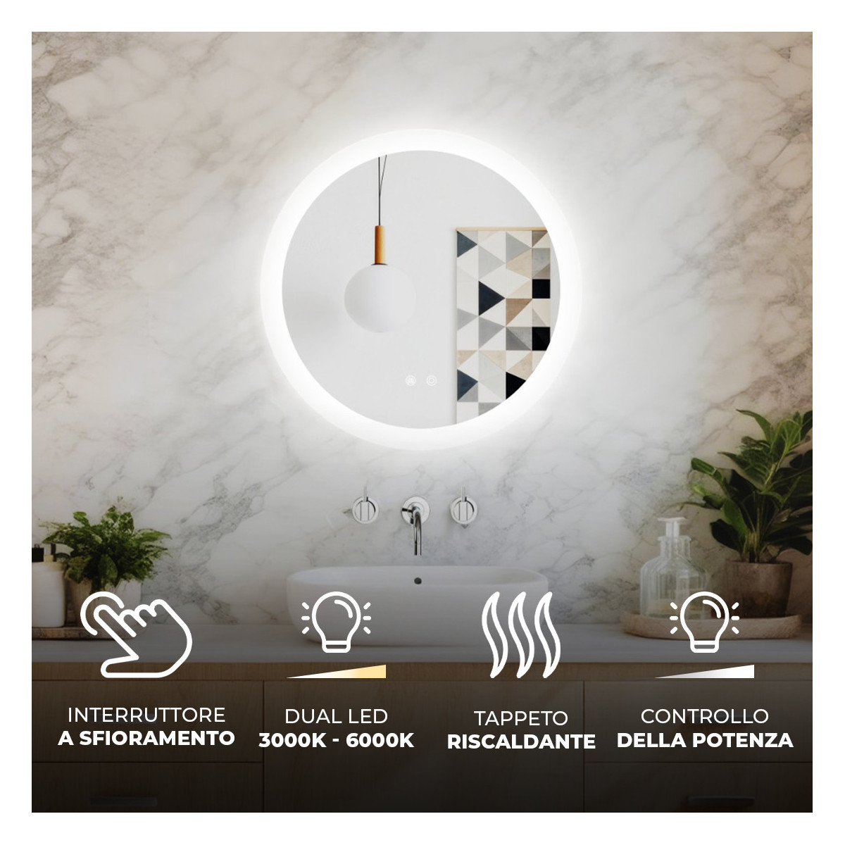 Specchio rotondo da bagno con illuminazione LED da 60 cm, Dual Color, interruttore touch e tappetino riscaldante