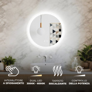 Specchio rotondo da bagno con illuminazione LED da 60 cm, Dual Color, interruttore touch e tappetino riscaldante