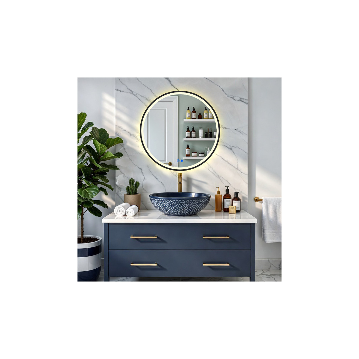 Specchio rotondo da 60 cm con retroilluminazione a LED in cornice di alluminio nero