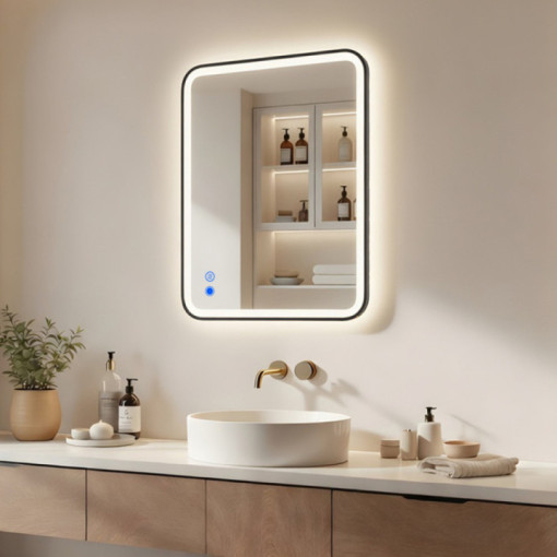 80x60/60x80 cm Specchio arrotondato con retroilluminazione a LED in cornice di alluminio nero