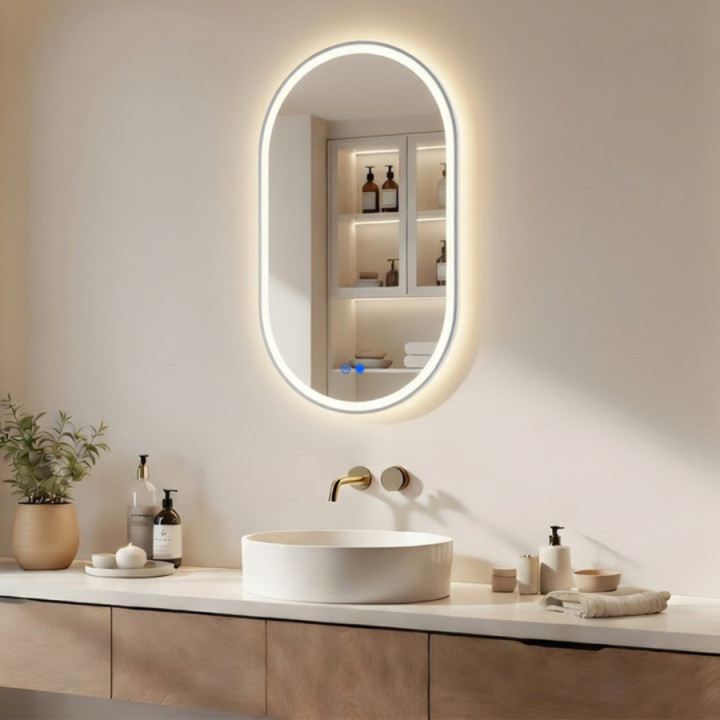 Specchio ovale retroilluminato a LED - 50x80/80x50 cm con cornice in alluminio argento