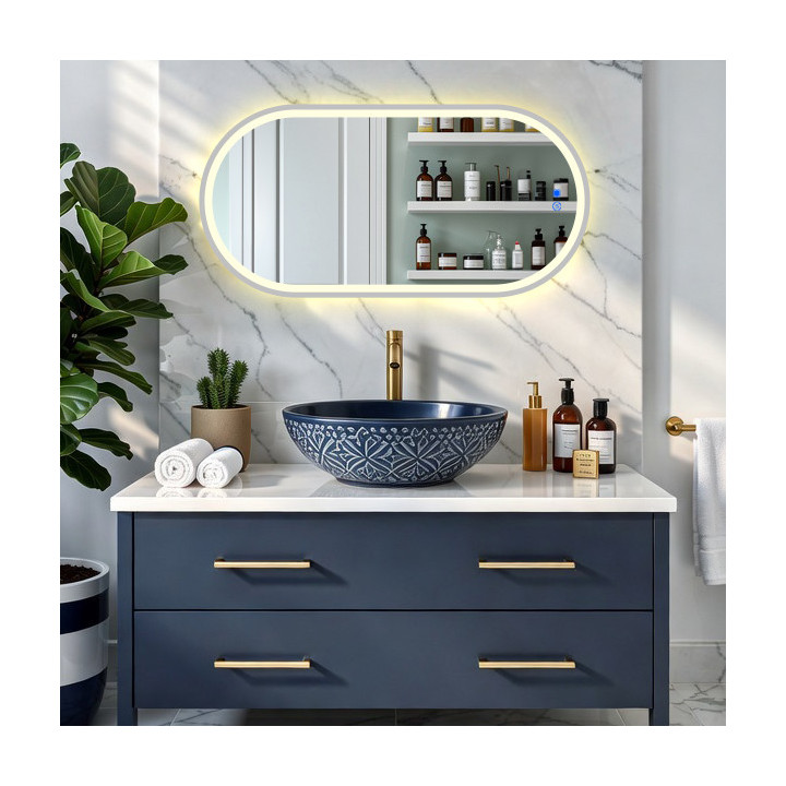 Specchio ovale retroilluminato a LED - 50x80/80x50 cm con cornice in alluminio argento