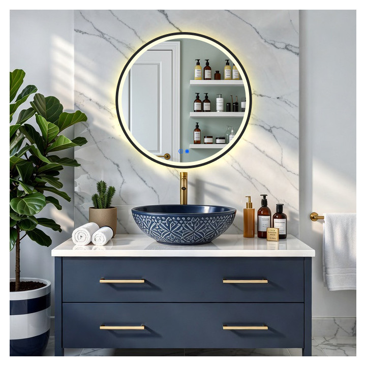 Specchio rotondo retroilluminato a LED - 80 cm con cornice in alluminio nero