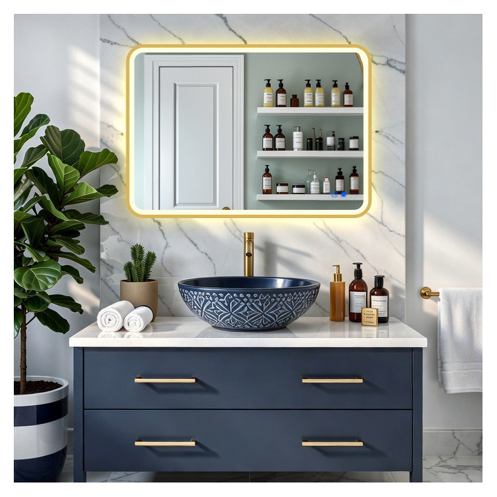 Specchio arrotondato a LED - 120x70/70x120 cm con cornice in alluminio dorato