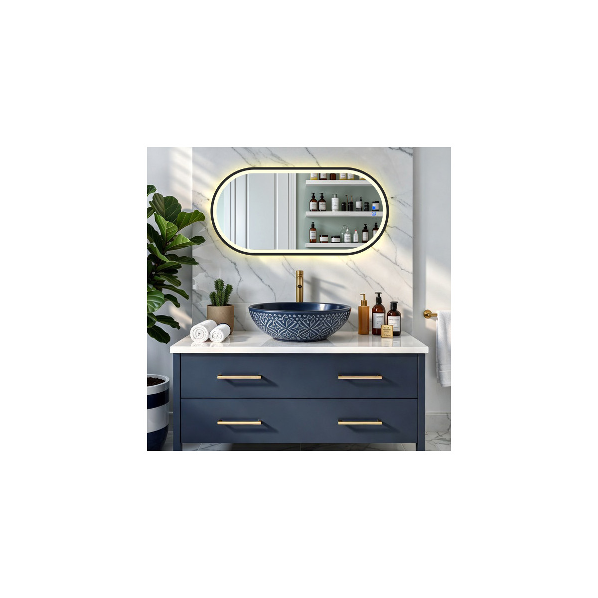 50x100/100x50 cm Specchio ovale con retroilluminazione a LED con cornice in alluminio nero