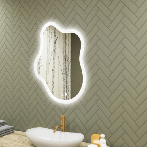 Specchio irregolare con illuminazione, 74x94 cm, bicolore, interruttore tattile, tappetino riscaldante