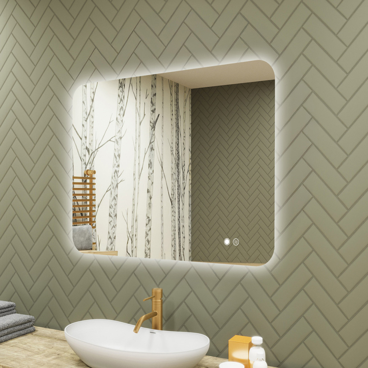 Specchio da bagno arrotondato con illuminazione a LED, 80x60 cm, bicolore, comando tattile, tappetino riscaldante