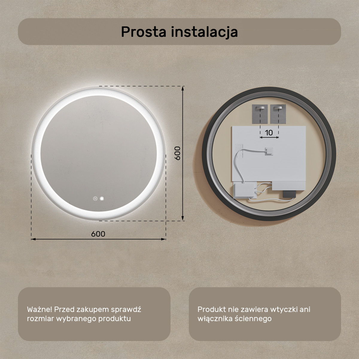 60x60 cm Okrągłe Lustro Łazienkowe Podświetlane 60cm z Dual color, Włącznik dotykowy, Mata grzewcza
