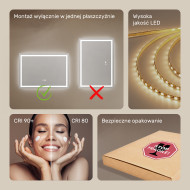 70x50 cm Lustro Łazienkowe Podświetlane 70x50cm z Dual color, Włącznik dotykowy, Mata grzewcza