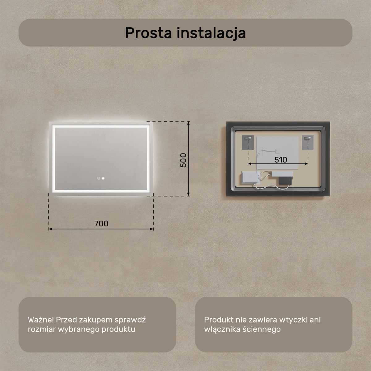 70x50 cm Lustro Łazienkowe Podświetlane 70x50cm z Dual color, Włącznik dotykowy, Mata grzewcza