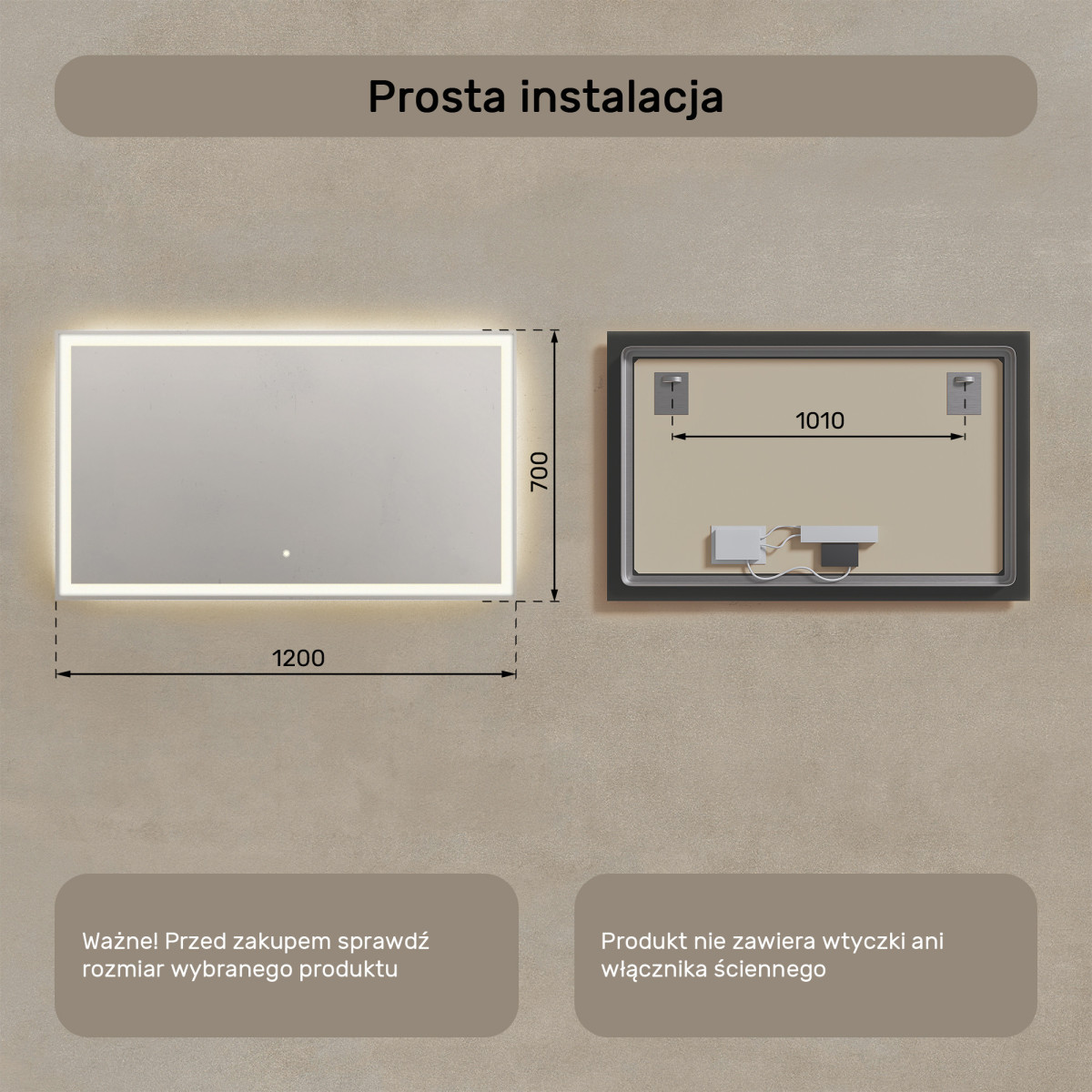120x70 cm Prostokątne Lustro Łazienkowe Podświetlane 120x70cm z włącznikiem dotykowym, barwą neutralną 4500K