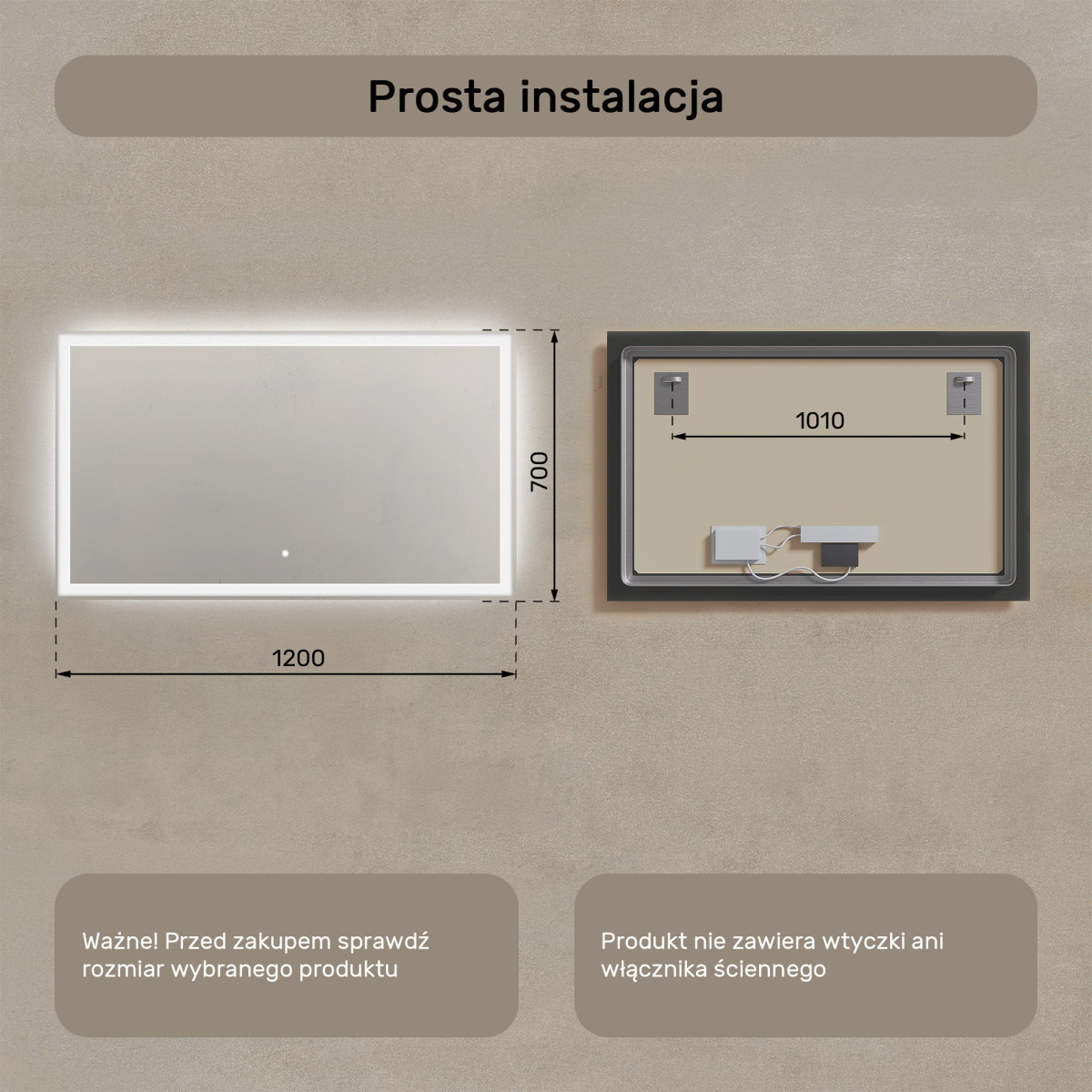 120x70 cm Prostokątne Lustro Łazienkowe Podświetlane 120x70cm z włącznikiem dotykowym, zimną barwą LED 7000K