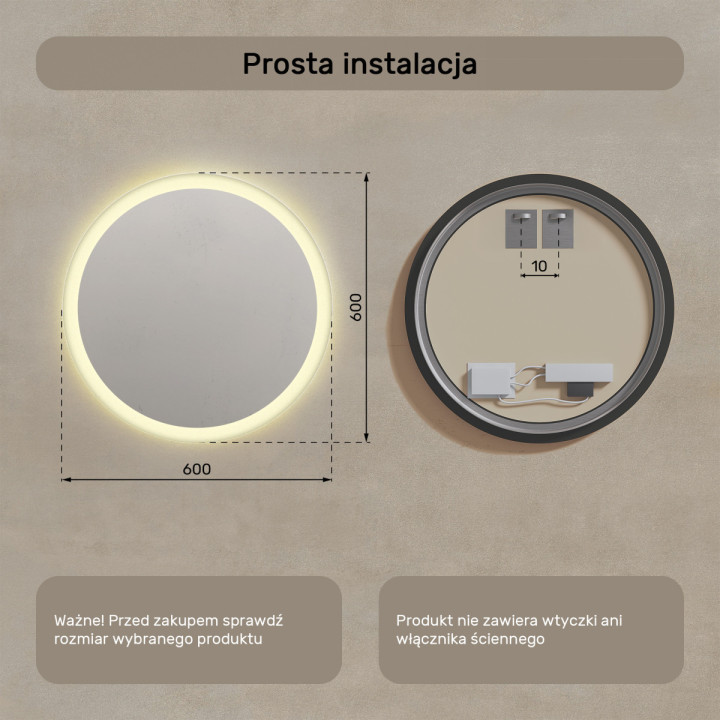 60x60 cm Okrągłe Lustro Łazienkowe Podświetlane 60cm z ciepłą barwą 3000K