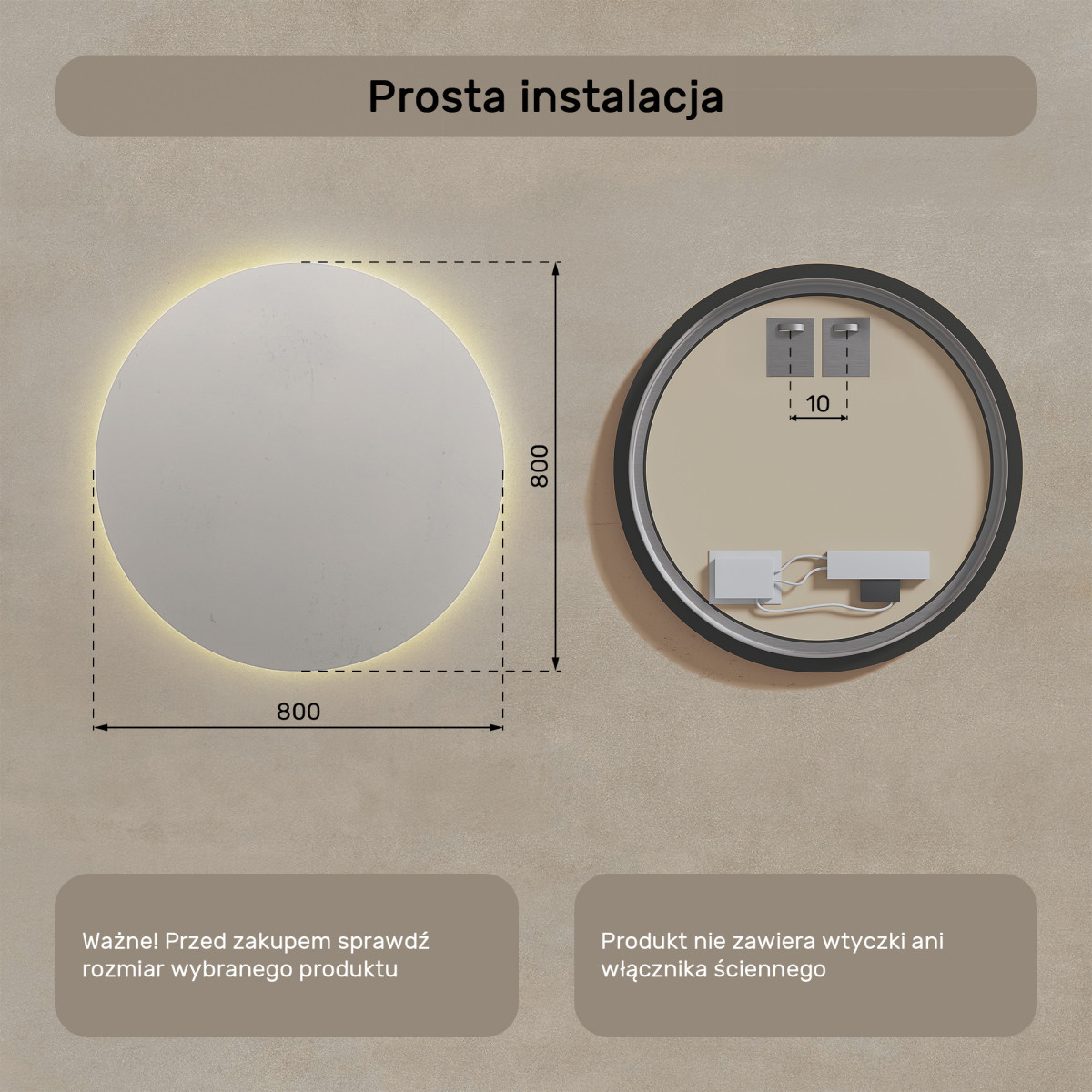80x80 cm Okrągłe Lustro Łazienkowe Podświetlane 80cm z ciepłą barwą 3000K