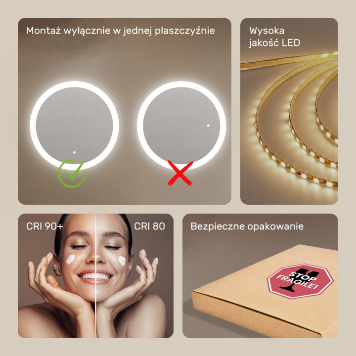 80x80 cm Lustro łazienkowe okrągłe z oświetleniem LED 80cm z Dual color, Włącznik dotykowy