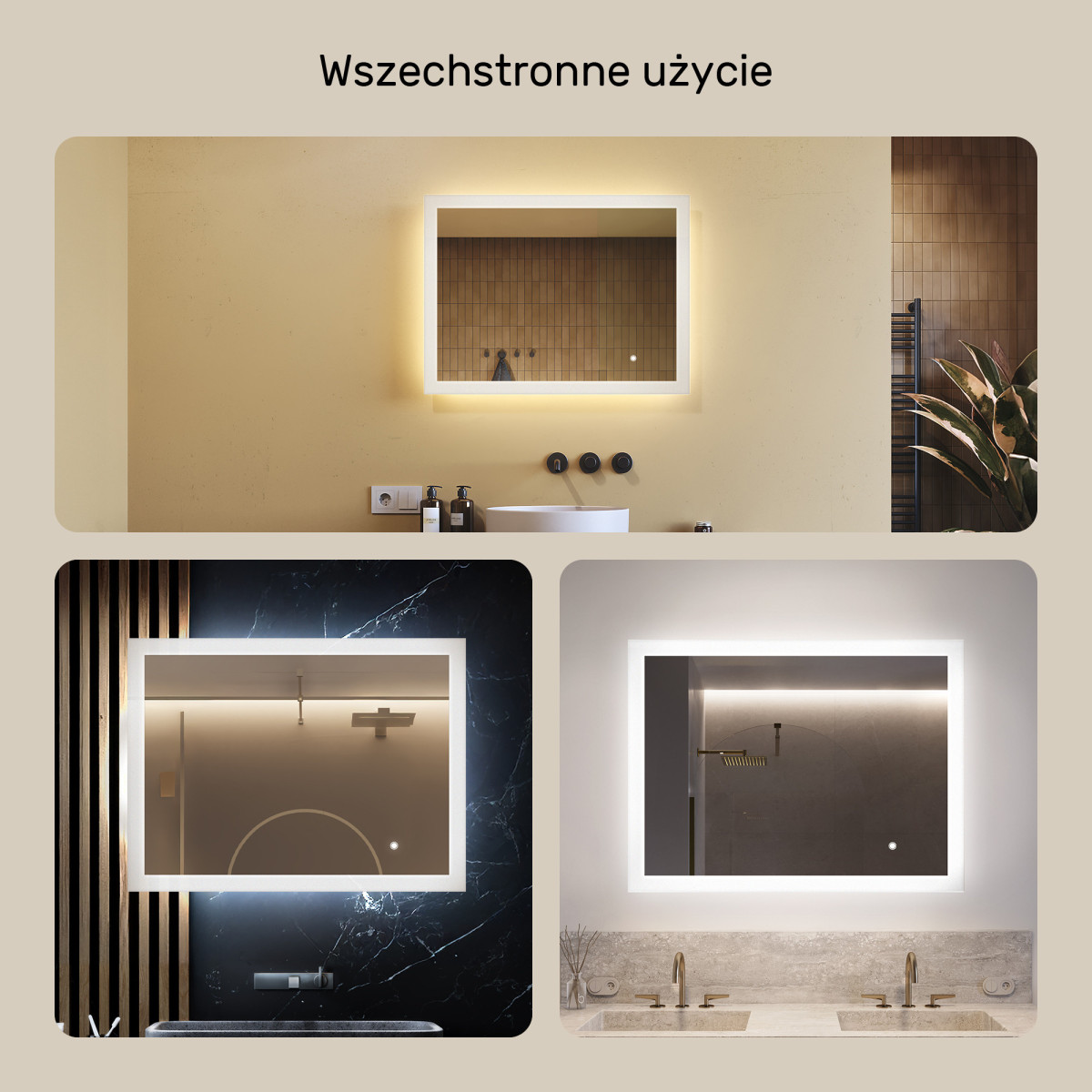 80x60 cm Prostokątne lustro do łazienki z oświetleniem LED 80x60cm z Dual color, Włącznik dotykowy